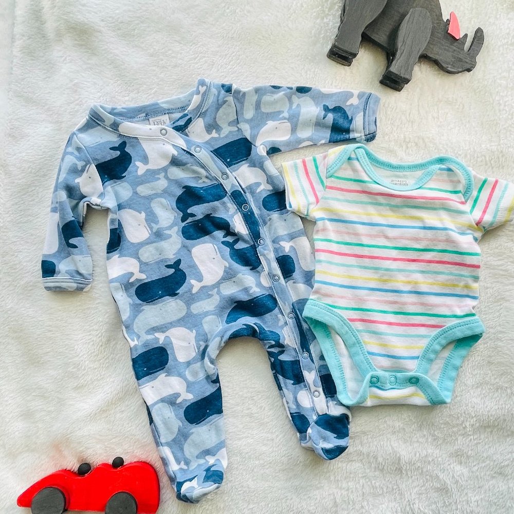 Nordstrom Baby Preemie Whale Sleeper and Amazon Basics Preemie Onesie Bundle